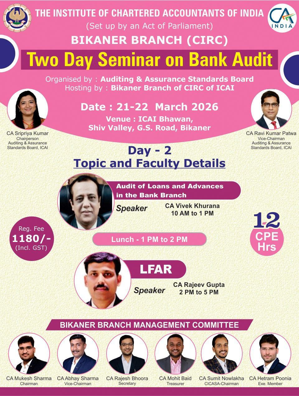 Two Days, 12 Structured CPE Hours Seminar on Bank Audit at Bikaner